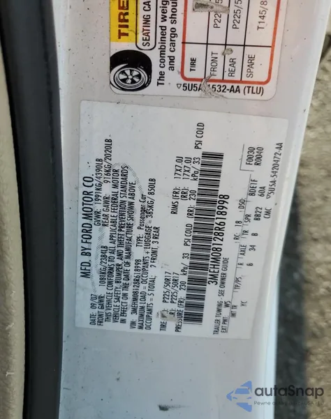 2008 Mercury Milan Premier из США, поврежденный, VIN 3MEHM08128R618998